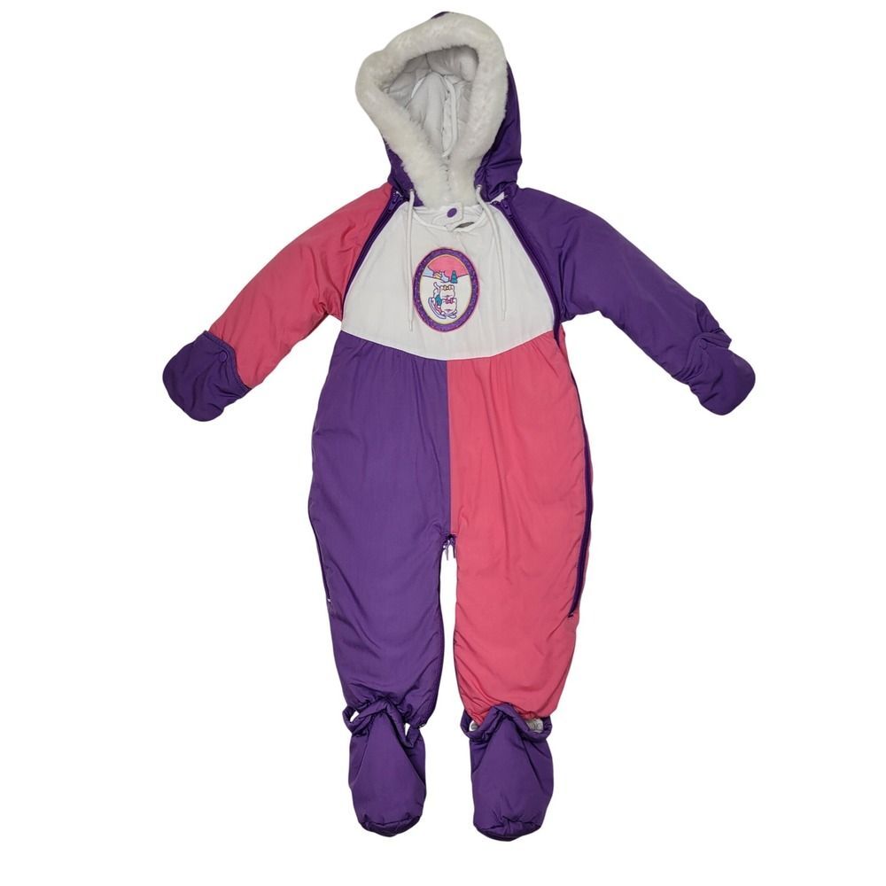 Vintage Kids Snowsuit Purple Pink White Hooded Cats Embroidered Colorblock 18mo